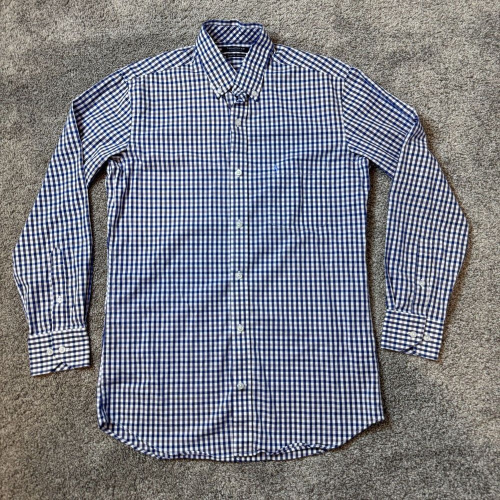 Tailorbyrd Collection Shirt Men Small Blue/Purple Plaid Trim Fit Stretch
